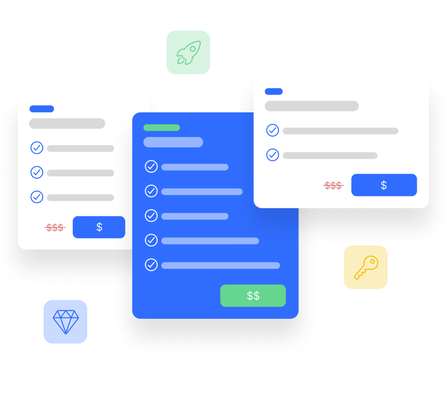 Illustrated ASO pricing packages with checklists and price comparisons